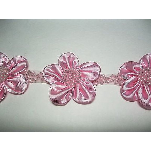 Lily 2" Ivory Pink Cuttable Satin Pearl Beaded Flower Flora Trim Organza Ribbon