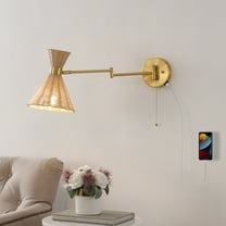 JONATHAN Y Lily 25" 1-Light Mid-Century Vintage Retro Rattan/Metal USB Charging Swing Arm LED Sconce with Pull Chain, Light Brown/Brass Gold