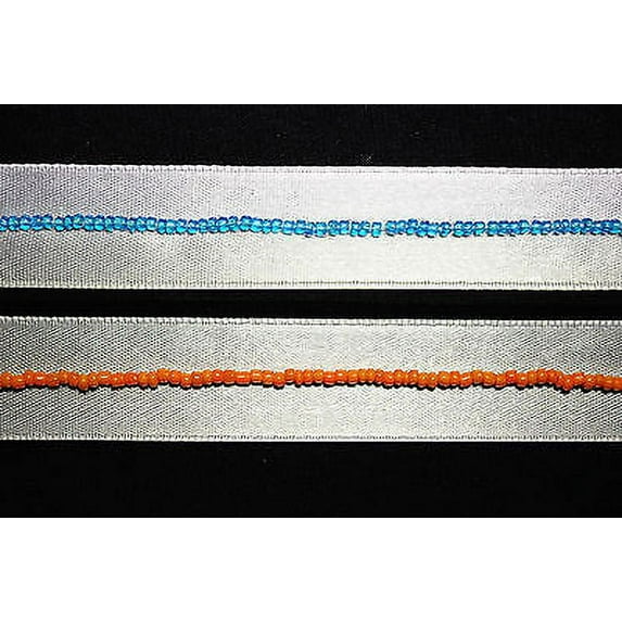 Lily 3/4" Aqua Blue Orange Glass Beading on White Satin Ribbon Trim by Yardage