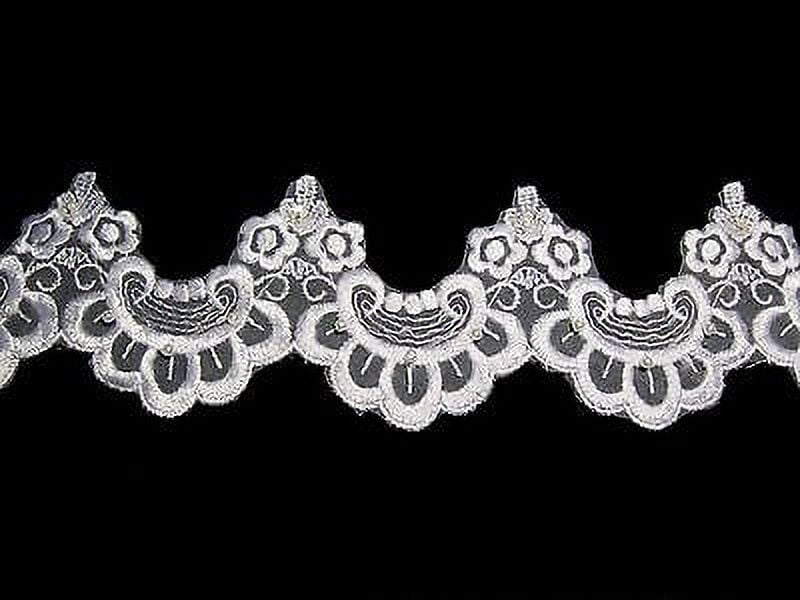 Lily 3.5" White Scalloped Embroidered Sequins Pearl Beaded Lace Trim By Yard