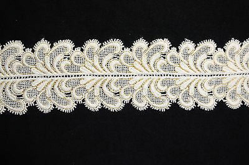 Lily 3" Ivory Double Scalloped Gold Metallic Thread Venice Lace Trim By Yardage