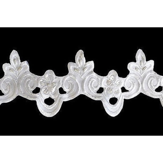 Lily 3 inches White Satin Bridal Beaded Sequins Embroidery Lace Trim by Yard