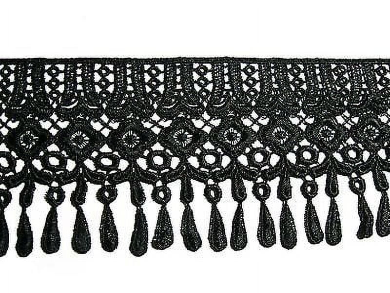 Lily 4" Black Off-White Venice Lace Trim w/ Dangling Teardrop Fringe By Yard