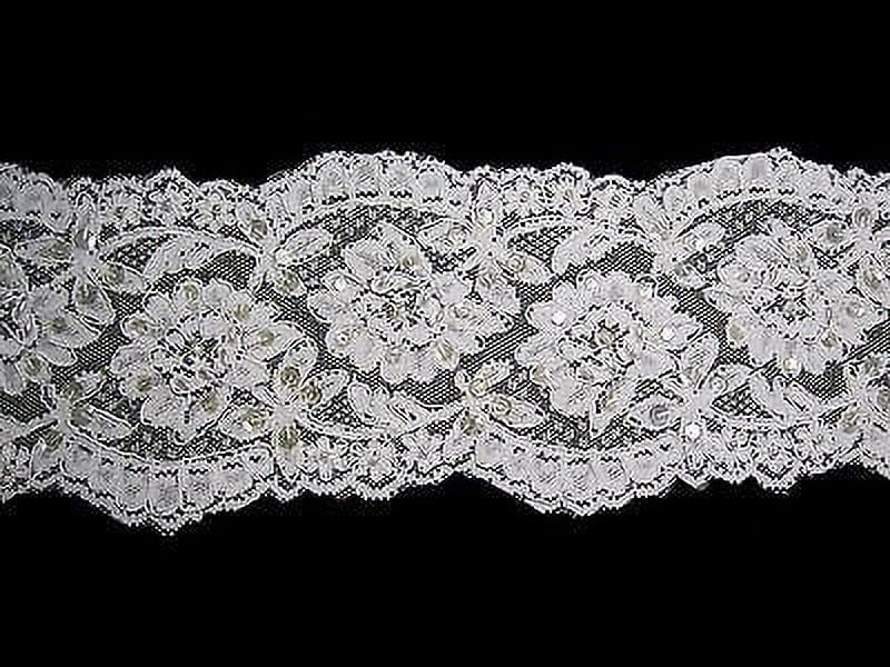 Lily 5" White and Ivory Beaded Sequins Floral Gorgeous Fine Lace Trim By Yardage