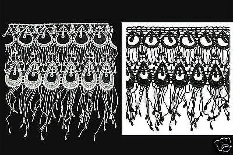 Lily 6.5" White Black Peacock Feather Pattern Venice Lace Fringe Trim by Yard