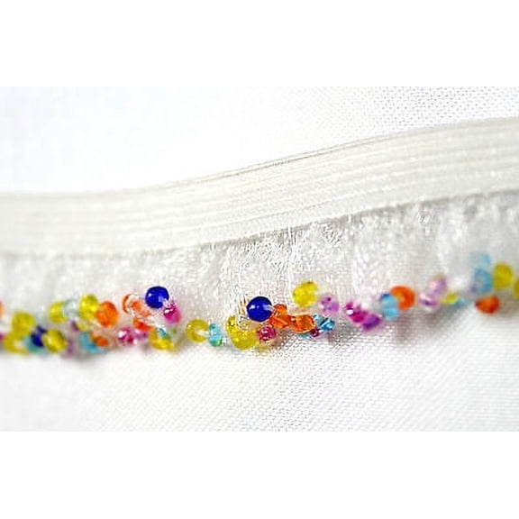 Lily 6/8" Elastic Ruffle Beaded Fringe Trim Multi-color Glass Bugle Beads by yd