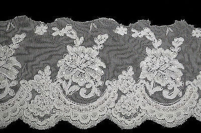 Lily 7.5" White Corded Pearl Beaded Sequins Gorgeous Scalloped Lace Trim by Yard