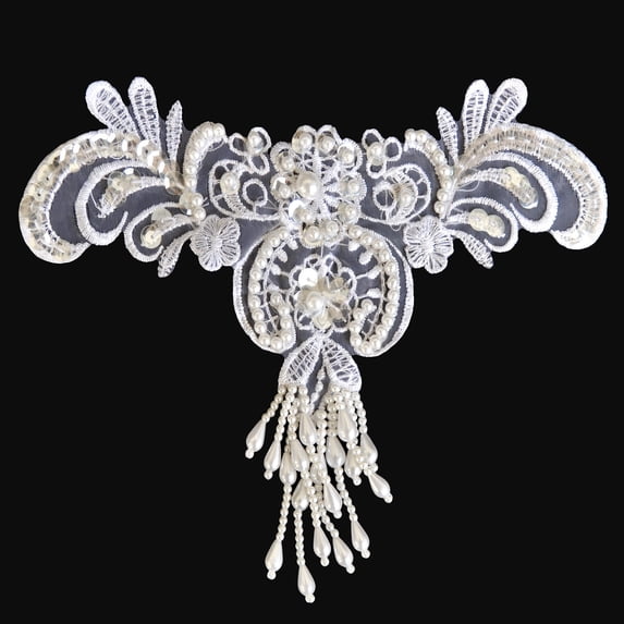 Lily 8 x 5 inches White Bridal Beaded Embroidery Motif Applique Trim by Piece