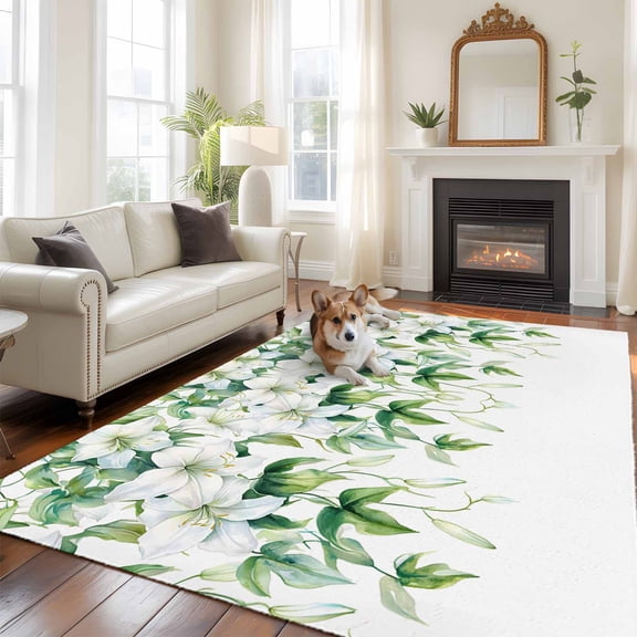 Lily Area Rugs 5x7 ft Spring Flowers Watercolor Plant Washable Rug Non Slip Indoor Carpet Absorbent Floor Mat for Living Room Bedroom Dining Room