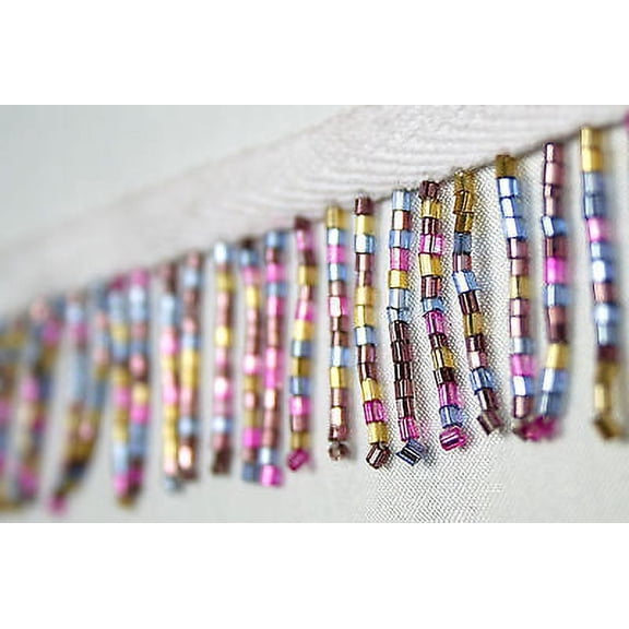 Lily Beaded Fringe Trim 1-1/2" Multi-color Glass Bugle Bead with 3/8" Ribbon