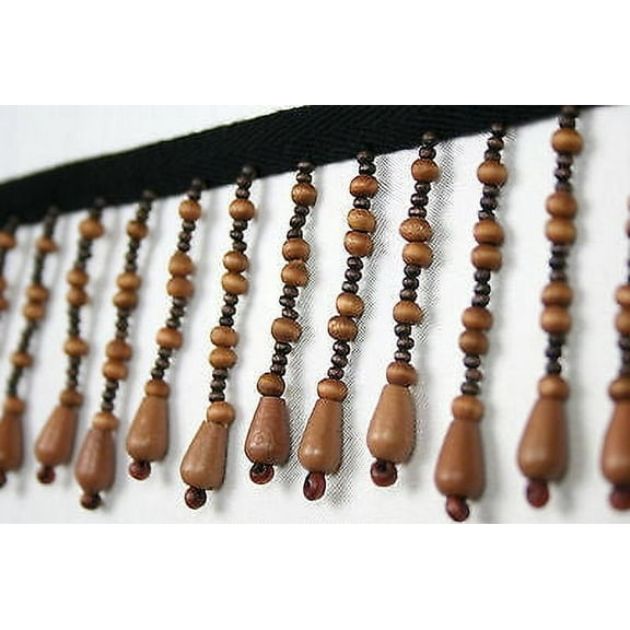 Lily Beaded Fringe Trim 2-3/4" Wooden Tear Round Shape Beads with 3/8" Ribbon