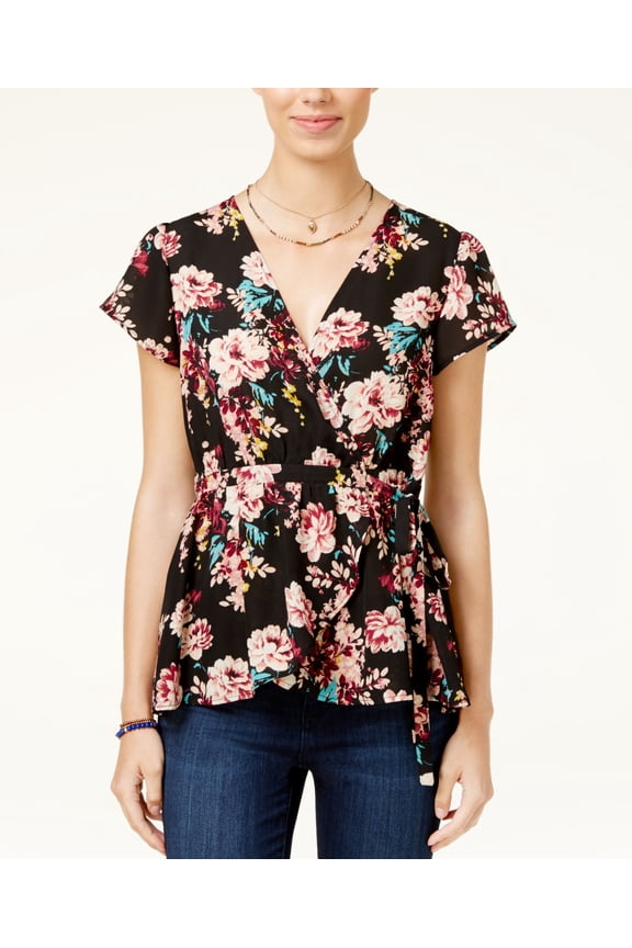 Juniors Floral Print Wrap Top Black Floral L