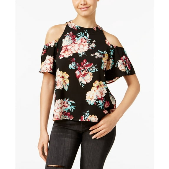 Lily Black Juniors Printed Cold Shoulder Top Bkpla L