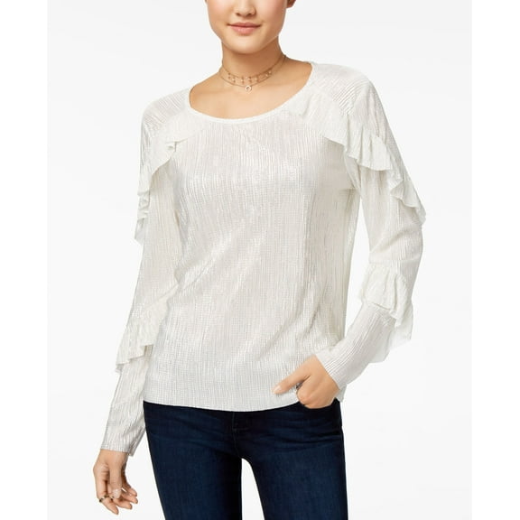 Lily Black Juniors Shine Pleated Ruffle Top Ivory Gold L