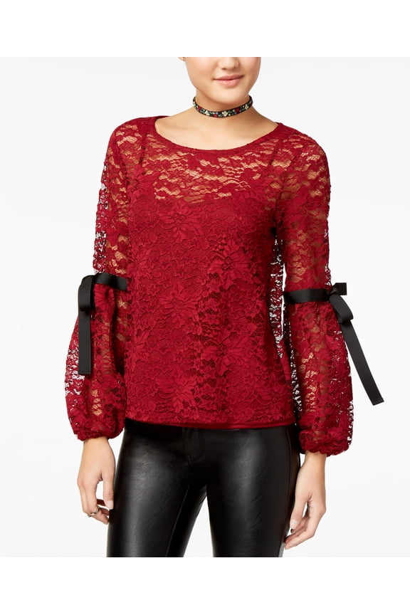 Juniors Tie Sleeve Lace Top Burgundy M