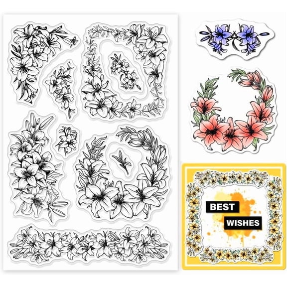 Lily Border Corner Clear Stamps Clear Rubber Stamps Silicone Stamps for DIY Scrapbooking Photo Album Decorative Cards Making Home Decoration 6.3x4.33inch