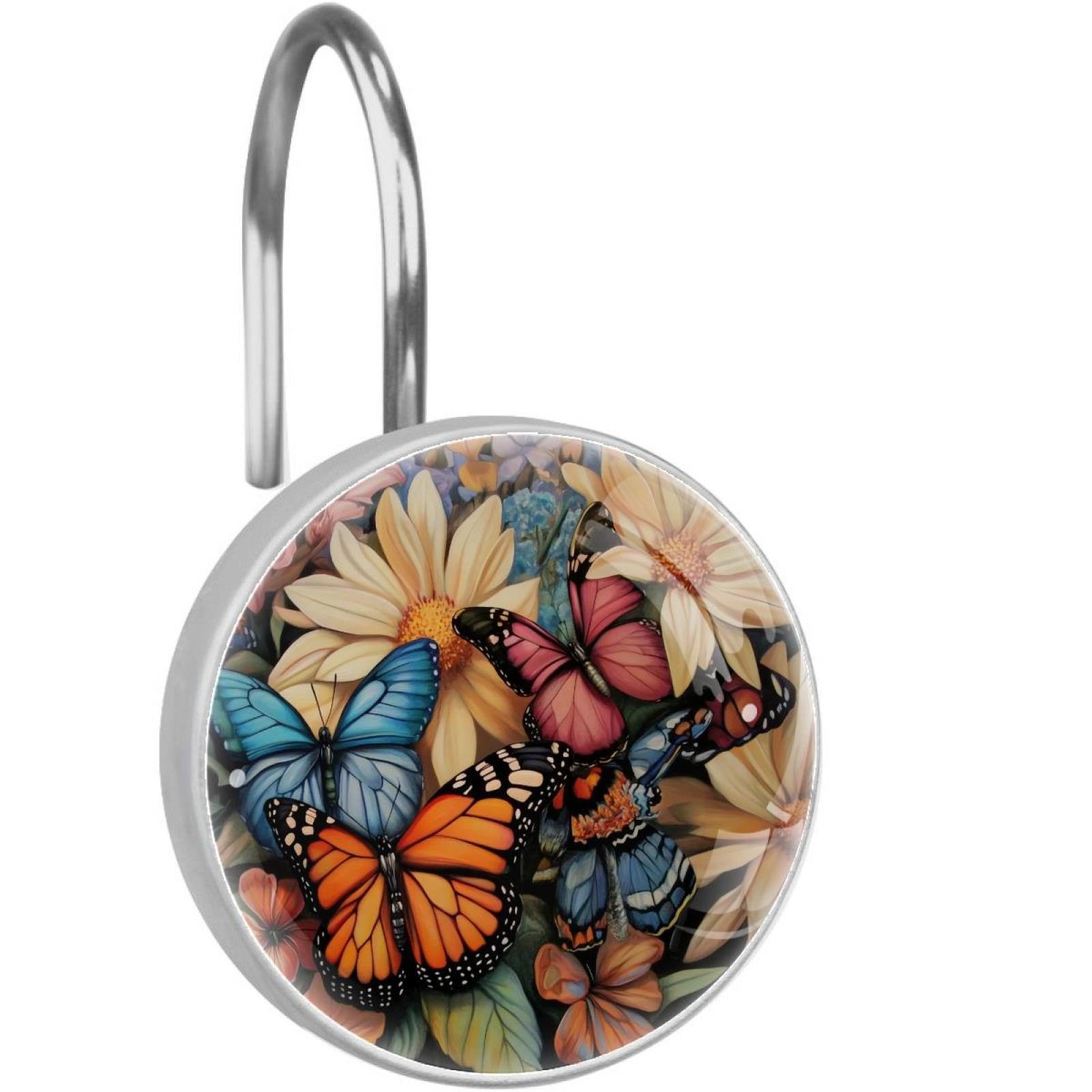 Lily Daisy Flowers Butterfly Shower Curtain Hooks Round Crystal Glass, Set of 12 Shower Curtain Rings - Shower Hooks for Curtain Shower Rings