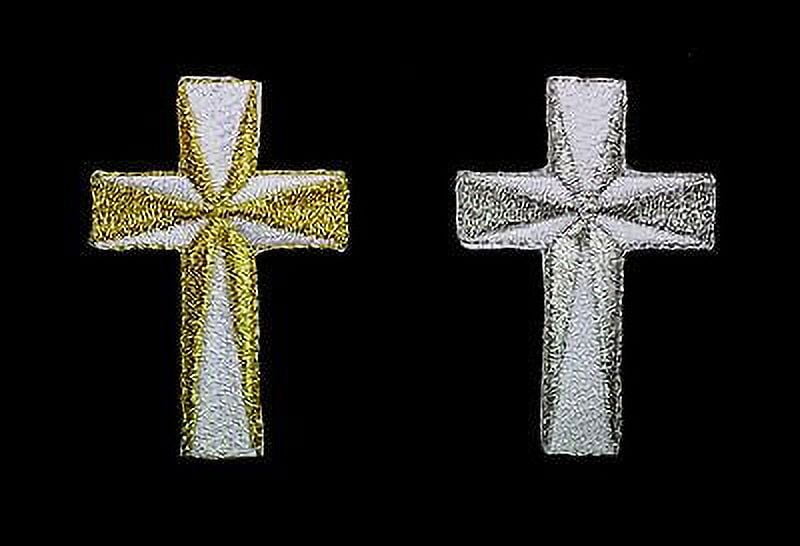 Lily Embroidered Cross in White Metallic Silver Gold Iron on Patch Applique