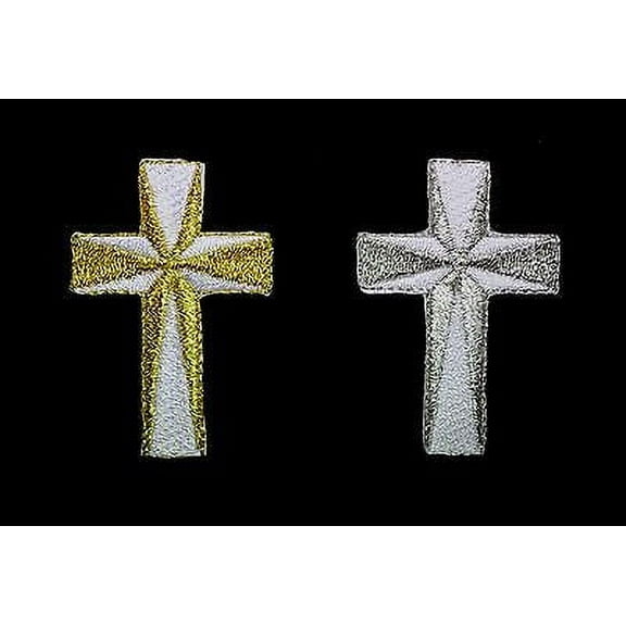 Lily Embroidered Cross in White Metallic Silver Gold Iron on Patch Applique