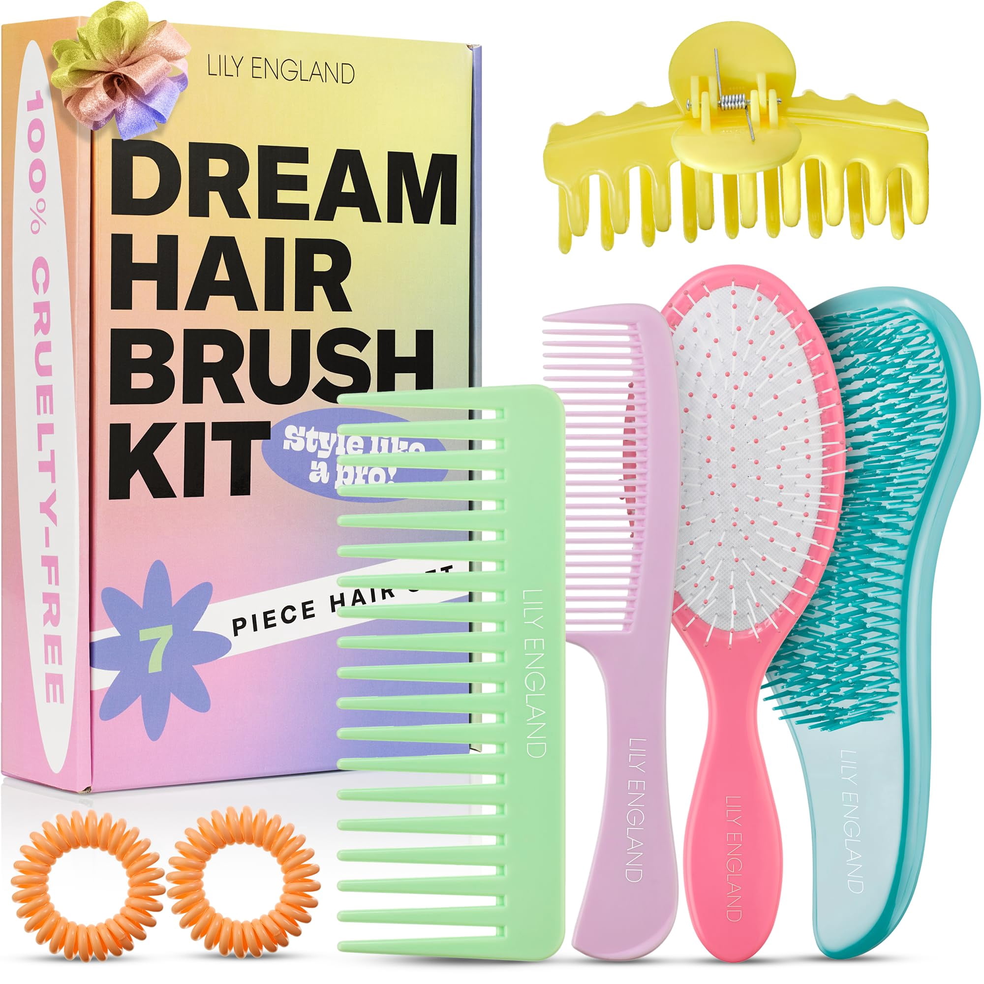 Lily England Hair Brush Set for Girls, 7Piece Kit with Detangle Hair Brush, Wet Hair Brush