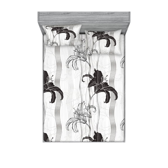Lily Floral Fitted Sheet & Pillow Sham Set, Outline Style Monochrome Silhouettes of Flowers Vintage with Stripes, Decorative Printed 3 Piece Bedding Decor, Queen, Coconut Charcoal Grey, by Ambesonne