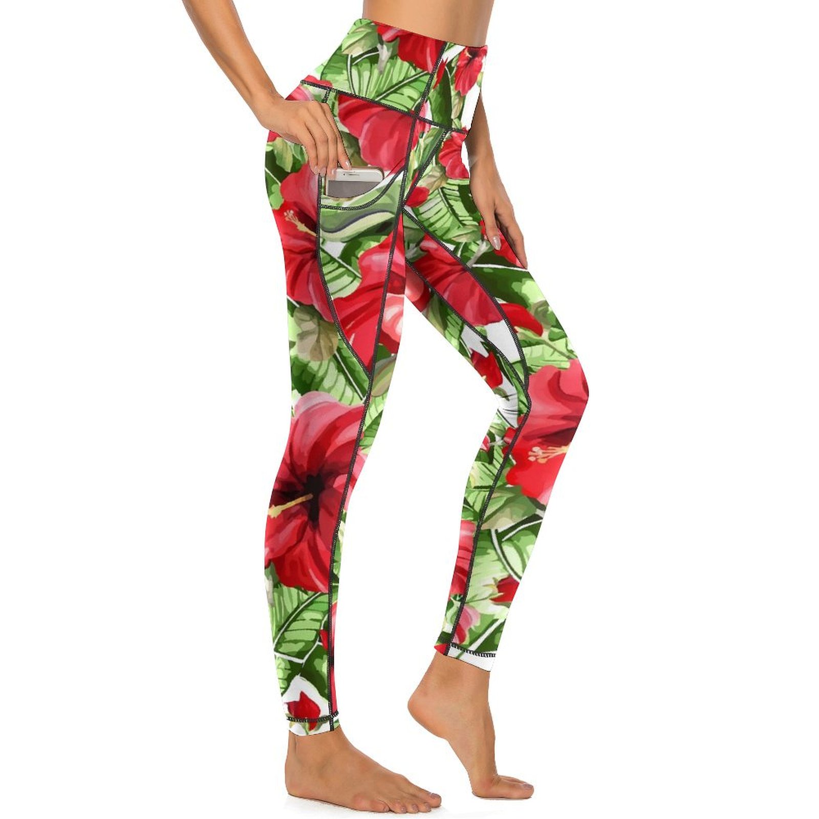 Apricot Butterfly Peony Flowers Leaves Print Gym Leggings Women's Yoga Pants
