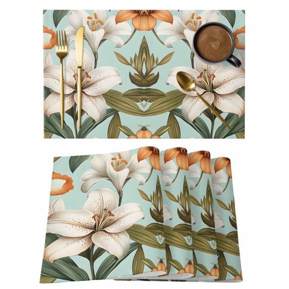 Lily Floral Placemats Set of 8 Botanical Garden Watercolor Wildflowers Place Mats Indoor Wipeable Table Mats Washable Cloth Dining Table Placemats for Kitchen Holiday Party Home Decor 13x19 Inch