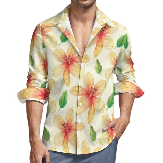 Lily Floral Print Casual Shirt Men Yellow Flowers Comfortable Shirt Spring Elegant Blouse Long Sleeve Custom Oversized Clothing