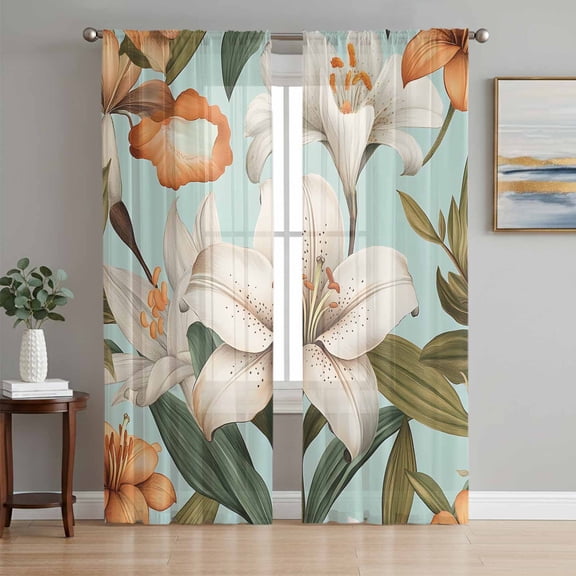 Lily Floral Sheer Curtains 72 Inch Length 2 Panels Set, Botanical Garden Watercolor Wildflowers Voile Window Treatment Rod Pocket Curtains Sheers Drapes for Bedroom/Living Room/Kitchen 52"x72"x2