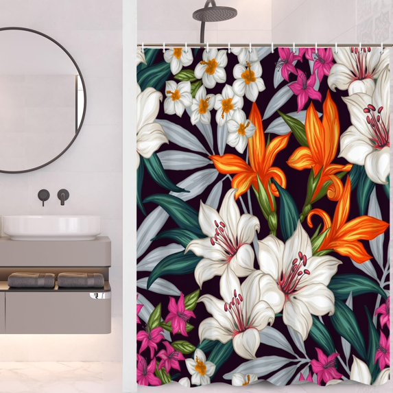 Lily Floral Shower Curtain - White & Yellow Flowers Nature Plants, Waterproof Polyester Fabric, Includes Hooks, 72x72 Inch, Adds a Fresh and Artistic Touch to Any Bathroom, Perfect for Nature Lovers