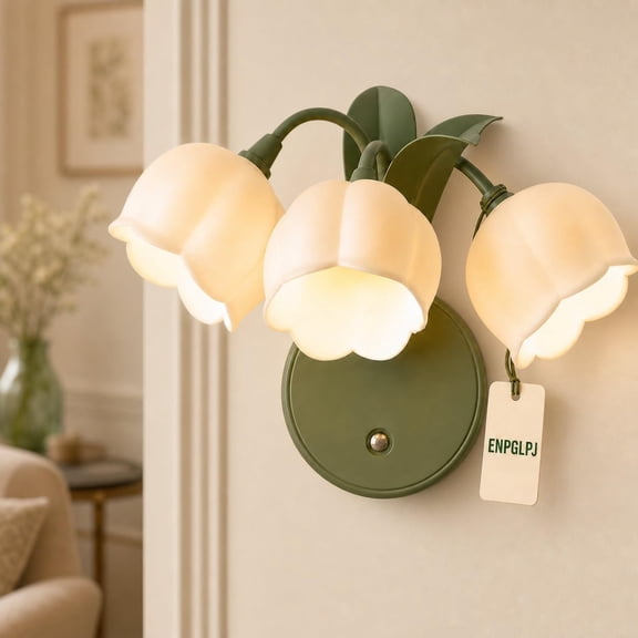 Lily Floral Wall Sconce With Green Stem Design, 3 Bell Lamp Shades Soft Ambient Lighting For Bedroom, Entryway And Reading Corner Decor