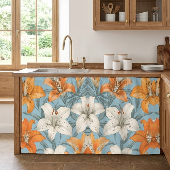Lily Flower Cabinet Curtain 28"Wx51"L,Dustproof Storage Cabinet Curtain with Self Adhesive Tape,White Orange Blooms Floral Watercolor Blue Tall Pantry Cover Drape for Kitchen,Utility Closet