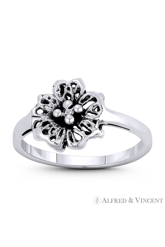 Lily Flower Charm Right-Hand Boho Stackable Ring in Oxidized .925 Sterling Silver