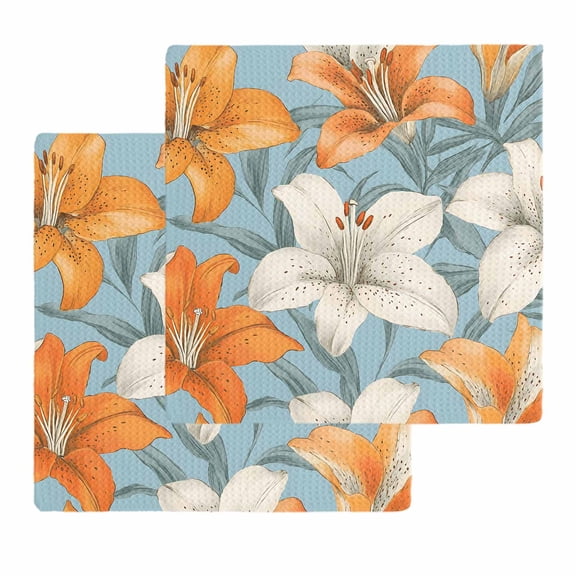 Lily Flower Dish Towels Set, Waffle Weave Kitchen Towels 2 Pieces, White Orange Blooms Floral Watercolor Blue Microfiber Hair Face Bath Tea Towel Absorbent Quick Drying Cleaning Dish Cloths, 12"x12"