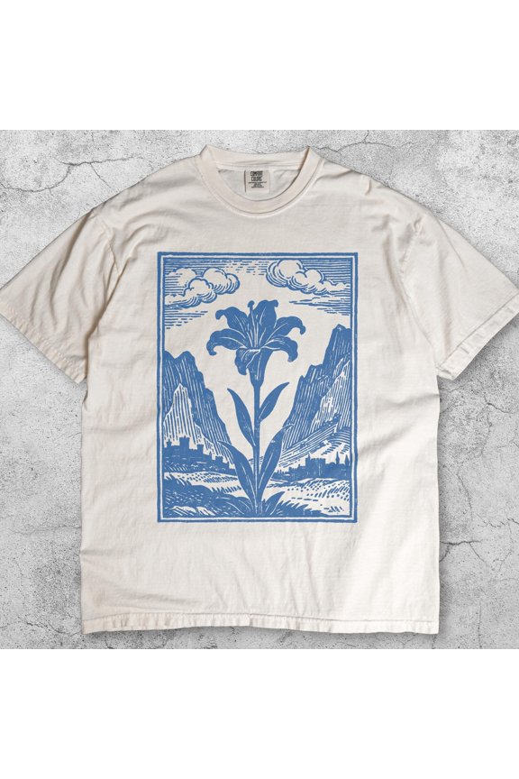 Lily Flower Graphic TShirt Medieval Renaissance Linocut Art Tee Retro Botanical Floral 90s