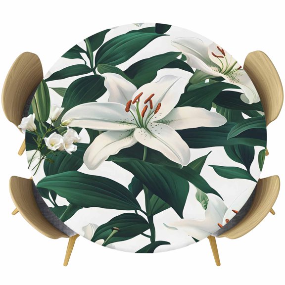 Lily Flower Round Tablecloth 36-44 Inch Round Fitted Table Cloth with Elastic Edge, White Floral Summer Plant Green Leaf Waterproof Table Cover Protector for Outdoor Picnic Party Dining