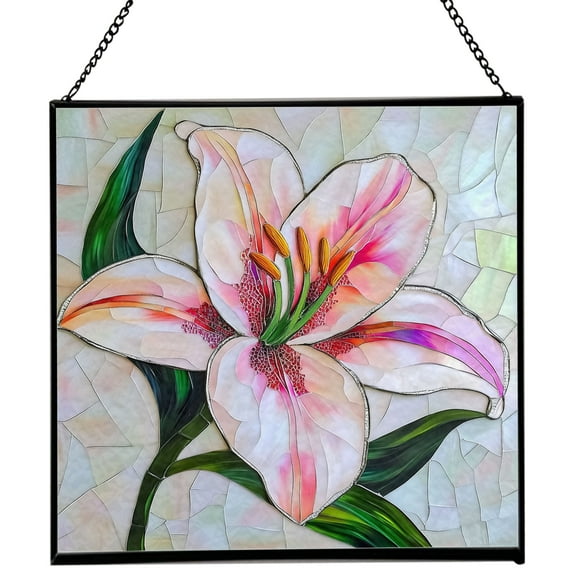 Lily Flower Stained Glass Panels, Square Shaped Window Hangings, Tiffany Glass Traditional Art Crafts for Home Decor Gifts 129OR4