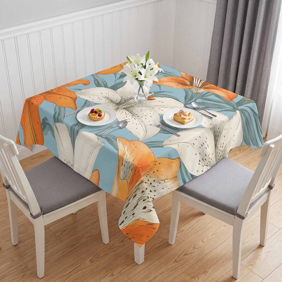 Lily Flower Table Cloth Waterproof Tablecloths, White Orange Blooms Floral Watercolor Blue Tablecloth Dining Table Cover for Kitchen Party Tabletop Outdoor, Square Tablecloth 54x54 Inch