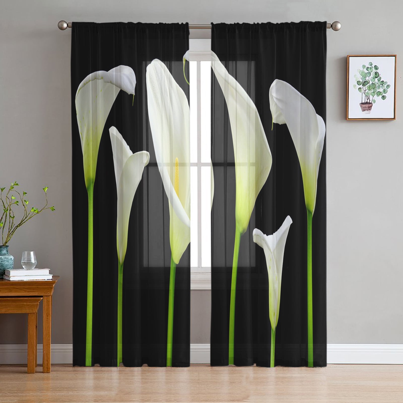 Lily Flower White Plant Tulle Sheer Curtains for Living Room Bedroom