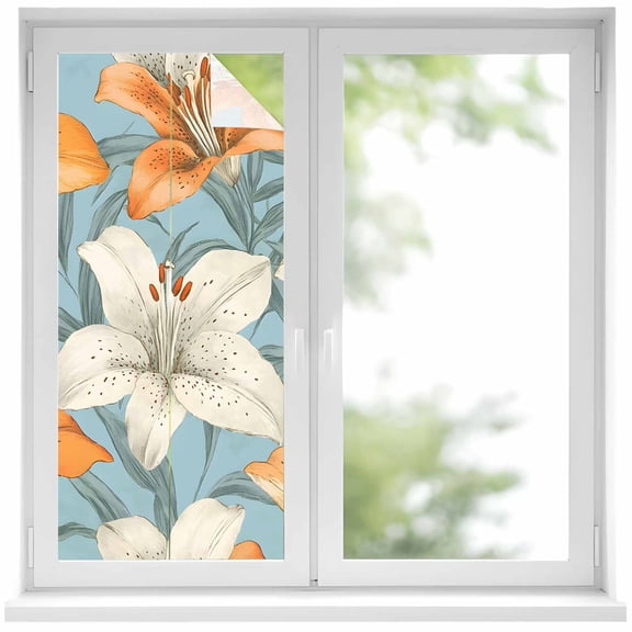 Lily Flower Window Privacy Film, White Orange Blooms Floral Watercolor Blue Static Cling UV Sun Blocking Heat Control Window Tint, Non-Adhesive One Way Windows Privacy Cover 17.7''x39.3''