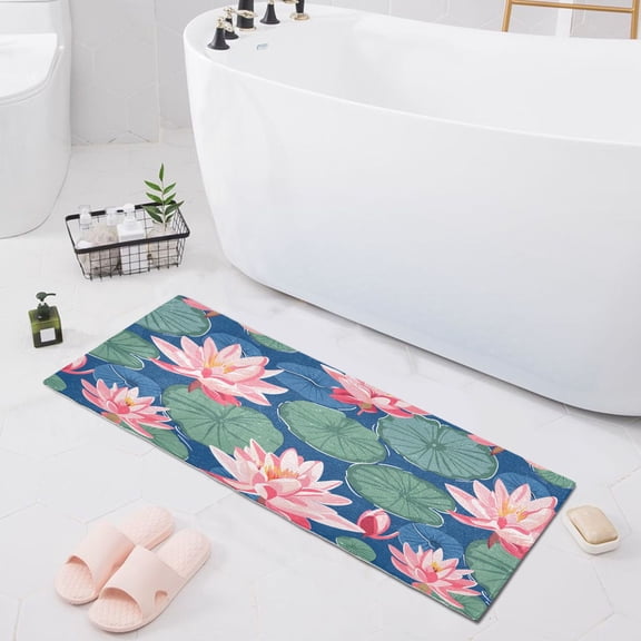 Lily Flower and Lotus Leaf Bath Mat 39x20 Non-Slip Bathroom Rugs Absorbent Soft Plush Quick Dry for Tub Shower Kitchen Home Decor