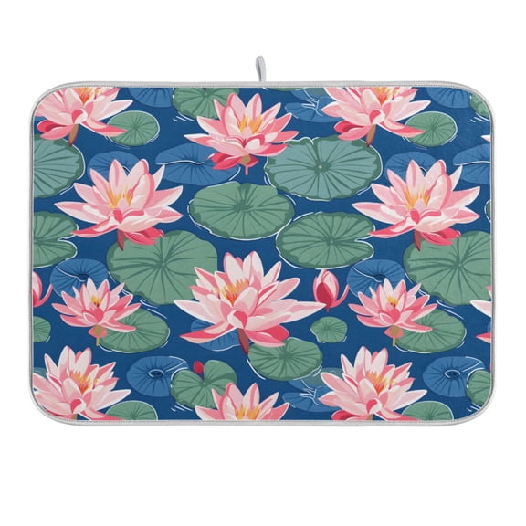 Lily Flower and Lotus Leaf Dish Drying Mat 16x18 Absorbent Microfiber Draining Rack Pad for Kitchen Counter Sink