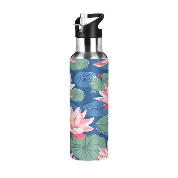Water Bottles 34oz Straw Lid Wide Mouth Stainless Steel for School Sport Travel Lily Flower and Lotus Leaf