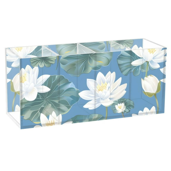 Lily Flower in Water Acrylic Pencil Pen Holder Cup 4 Compartments Desktop Organiser 7.87"x2.78"x3.54"