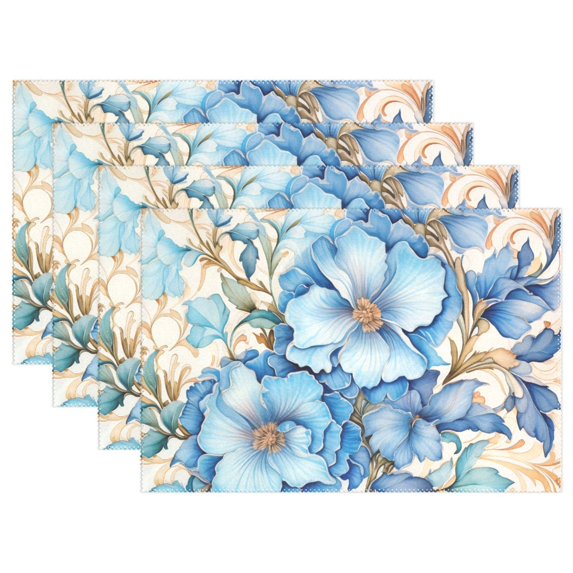 Lily Flowers Blue 4 PCs Placemats Set Linen Non-Slip Table Mat Rectangular Washable for Dining Kitchen Party 12"x18"