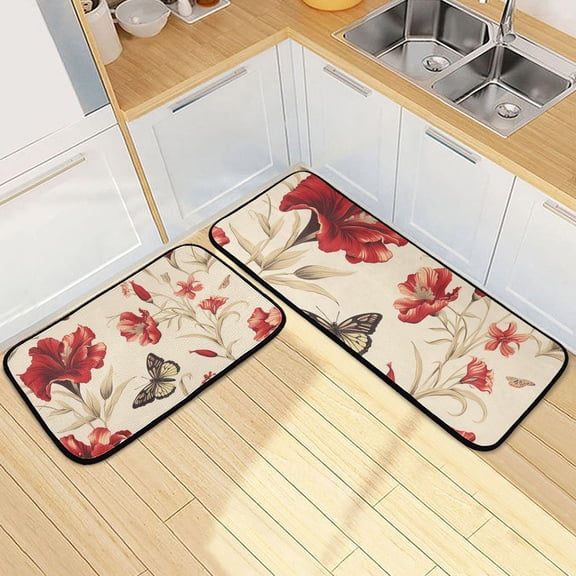 Lily Flowers Butterfly Kitchen Rugs Set of 2 Non Slip Floor Foam Mat Cushioned Soft Waterproof Carpet Runner for Dining Room Laundry