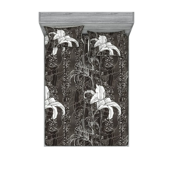 Lily Flowers Fitted Sheet & Pillow Sham Set, Sketch Design Floral Vintage Art Pattern with Stripes and Spots Print, Decorative Printed 3 Piece Bedding Decor, Full, Charcoal Grey White, by Ambesonne