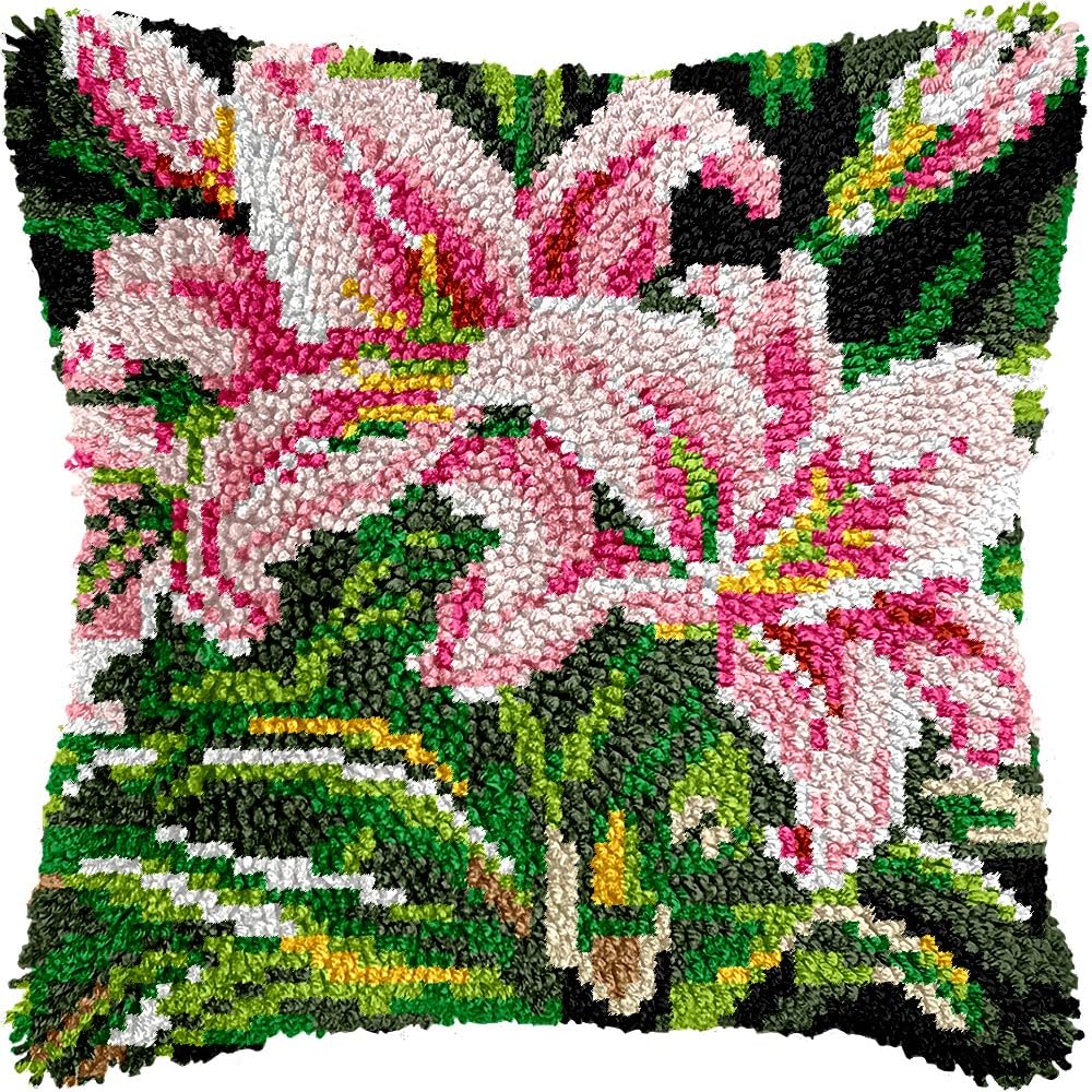 Lily Flowers Latch Hook Kits Pillow DIY Rug Crochet Hook Cushion Making Kits with Preprinted Pattern Canvas Instruction Yarns Pillow Cover Easy Starter DIY Crochet Kits 43x43cm （de94)