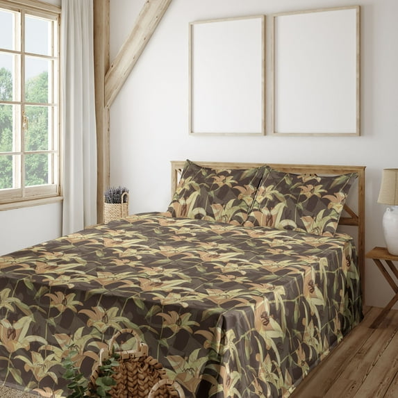 Ambesonne Lily Flowers Fitted & Flat Sheet with Shams 4 Pcs Set, Modern Woods Floral, King, Pale Yellow Ecru