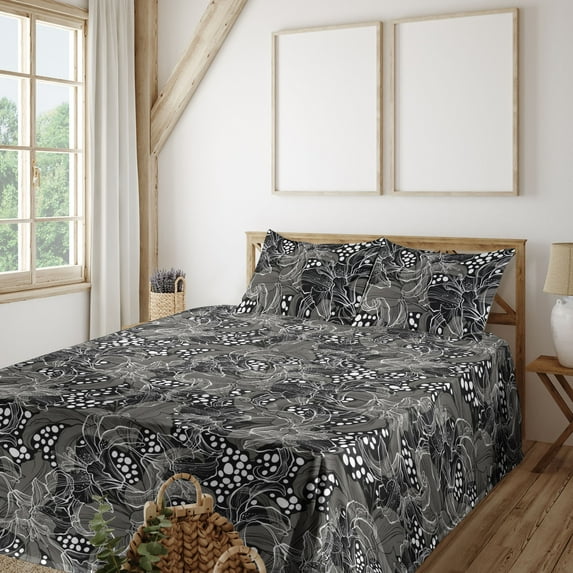 Ambesonne Lily Flowers Fitted & Flat Sheet with Shams 4 Pcs Set, Floral Pattern Bitonal, Full, Pale Grey Charcoal Grey